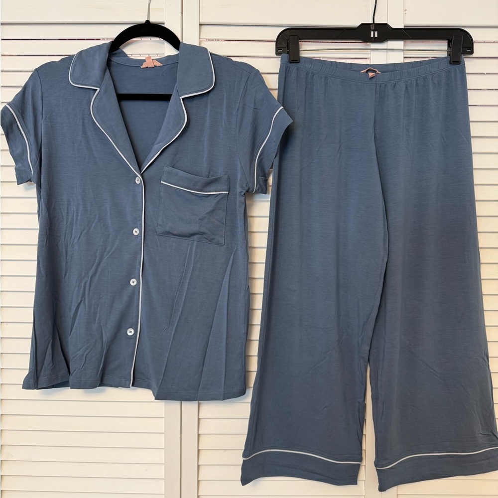 Eberjey Slate Blue Short-Sleeve Pajama Set with White Piping
